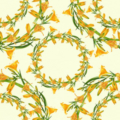 Lily flowers with leaves and buds. Collage of flowers, leaves and buds on a watercolor background. Decorative composition on a watercolor background. Seamless pattern. 