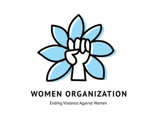 Female gender symbol and raised fist feminism vector icon or logo design illustration. Hand and flower symbol. Girl power line graphic simple logotype.