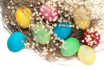 Fototapeta na wymiar Colorful Easter eggs and a nest isolated on white background