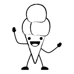 sketch of kawaii excited ice cream cone over white background, vector illustration