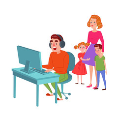 Father Playing on Video Games. Computer Addicted Dad. Man Gamer. Family Problems Parenting Issues Concept. Vector illustration