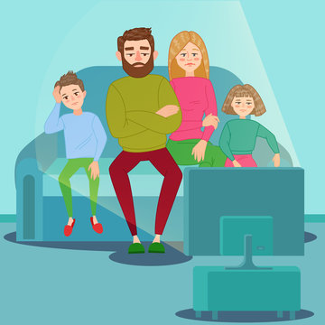 Bored Family Watching TV. Television Addiction. Unhappy Parents with Children Sitting on Sofa behind TV Set. Vector illustration
