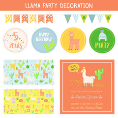 Fototapeta na wymiar Llamas Childish Decorative Elements Set. Hand Drawn Children Lamas Cards, Stickers, Labels and Patterns for Happy Birthday Party Decoration, Invitations. Vector illustration