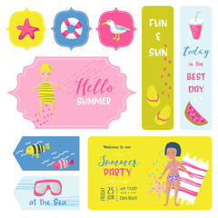 Beach Vacation Childish Tags, Fabric Badges, Stickers, Labels. Hello Summer Elements with Kids and Sea. Holiday Greetings Decoration. Vector illustration