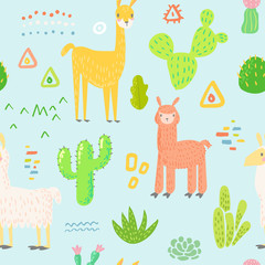 Lamas Seamless Pattern. Hand Drawn Childish Background with Alpaca and Cactuses for Fabric Textile, Wrapping Paper, Decoration. Vector illustration