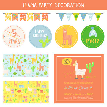 Llamas Childish Decorative Elements Set. Hand Drawn Children Lamas Cards, Stickers, Labels and Patterns for Happy Birthday Party Decoration, Invitations. Vector illustration