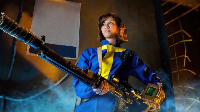 girl in military clothes with guns with fallout style game