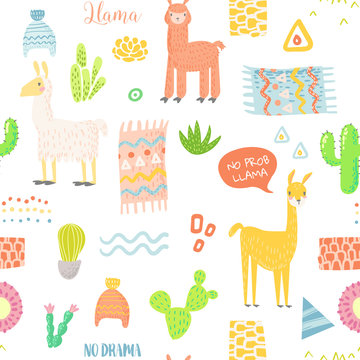 Lamas Seamless Pattern. Hand Drawn Childish Background with Alpaca and Cactuses for Fabric Textile, Wrapping Paper, Decoration. Vector illustration
