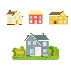 Abstract spring background with cozy home, house, cottage, with trees, flowers, bench.