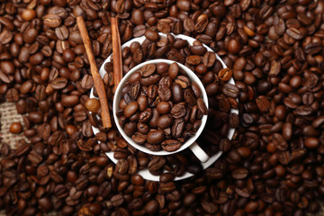 Coffee beans, white cup and saucer, cinnamon sticks.