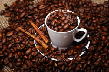 Coffee beans, white cup and saucer, cinnamon sticks.