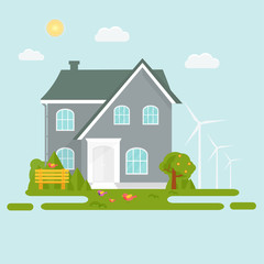 Abstract spring background with cozy home, house, cottage, with trees, flowers, bench