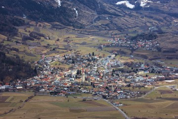 Aerial view of Malles in Val Venosta valley, Italy. South Tyrol, Trentino Alto Adige