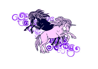 Obraz premium The meeting of two unicorns among the purple clouds and stars , vector illustration