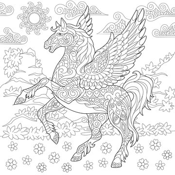 Pegasus Coloring Page. Greek mythological winged horse flying. Adult Coloring Book idea. Antistress freehand sketch drawing with doodle and zentangle elements.