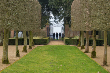 Naklejka premium people admiring view at end of classical formal english garden through avenue of trees in Winter