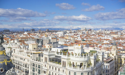 Fototapeta na wymiar Panoramic aerial view of Gran Via, main shopping street in Madrid, capital of Spain, Europe.