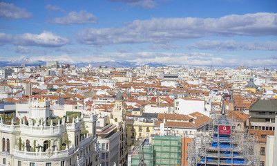 Naklejka premium Panoramic aerial view of Gran Via, main shopping street in Madrid, capital of Spain, Europe.