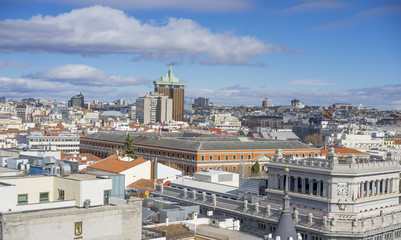 Panoramic aerial view of Gran Via, main shopping street in Madrid, capital of Spain, Europe.