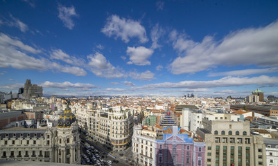 Obraz premium Panoramic aerial view of Gran Via, main shopping street in Madrid, capital of Spain, Europe.
