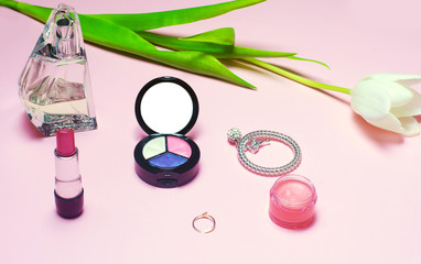 a set of female cosmetics, fashion, style, accessories, glamor, elegance