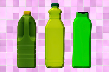Different plastic containers of cleaning products on a seamless background of purple tiles