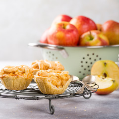 Homemade mini apple pies on metal rack on light concrete background. Healthy food concept with copy space.