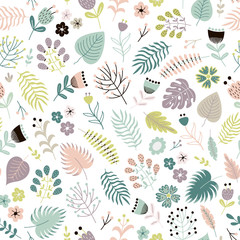 Floral seamless pattern with flowers, plants and leaves. Vector illustration background