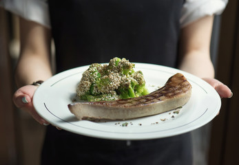 Steak and grill vegetables as a dinner background. Concept and idea of tasty food