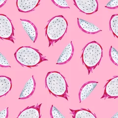 Wandcirkels plexiglas Watercolor pitaya. Hand painted seamless pattern with exotic fruits. Seamless background © katyau