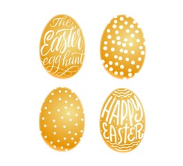 Set of golden eggs. Happy Easter and easter hunt lettering in egg. Vector isolated handwritten Inscription. Brush pen modern style