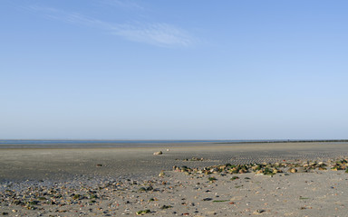 Foehr / Germany: View over the dry fallen seabed with a wooden groyne in the Frisisan Wadden Sea on the west coast of the island