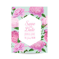 Floral Wedding Invitation. Save the Date Card with Blooming Peony Flowers. Spring Botanical Design for Party Decoration. Vector illustration