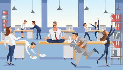 Business man sit on table in office. Calm in meditation relax. Stressed vector cartoon characters.