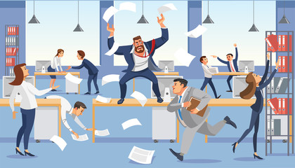 Angry boss shout in chaos office because of failure deadline. Stressed vector cartoon characters. - obrazy, fototapety, plakaty
