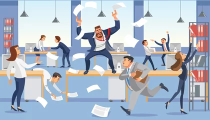 Fotobehang Angry boss shout in chaos office because of failure deadline. Stressed vector cartoon characters. © TeraVector