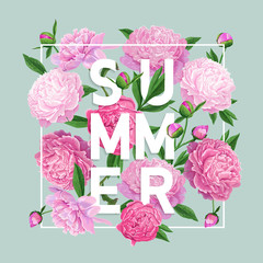Obraz premium Hello Summer Floral Design with Blooming Pink Peony Flowers. Botanical Background for Poster, Banner, Wedding Invitation, Greeting Card. Vector illustration