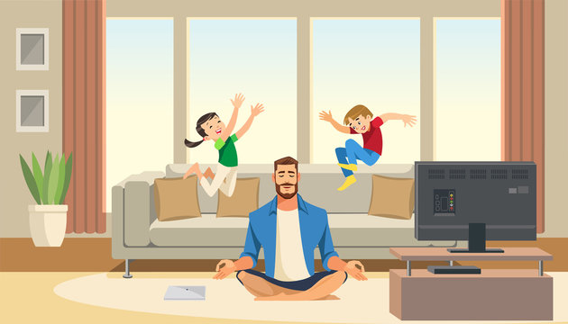 Children play and jump on sofa behind calm and relaxing meditation father. Cartoon characters home.