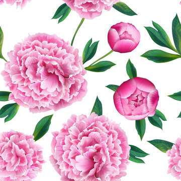Floral Seamless Pattern with Pink Peony Flowers. Spring Blooming Background for Fabric, Prints, Wedding Decoration, Invitation, Wallpapers. Vector illustration