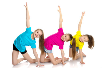 Fototapeta na wymiar A group of girls gymnasts perform exercises.