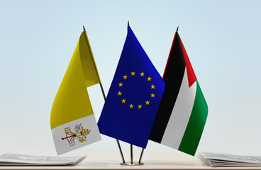 Flags of Vatican City European Union and Palestine