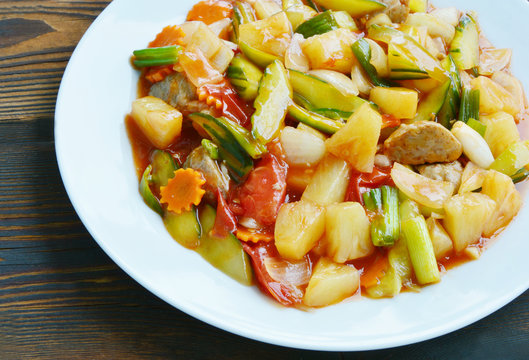 Colorful Fried Stir Sweet and sour sauce with Vegetable and Pork ball
