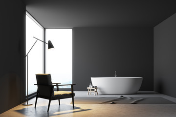 Fototapeta na wymiar Panoramic gray bathroom, an armchair