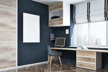 Dark blue wall home office corner, poster