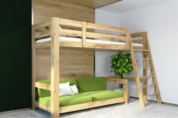 Fototapeta na wymiar Dark green wall bedroom corner, green loft bed