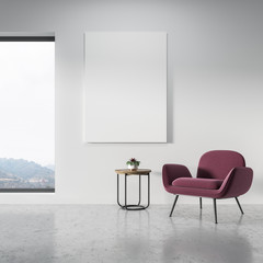 Panoramic living room, pink armchair, poster