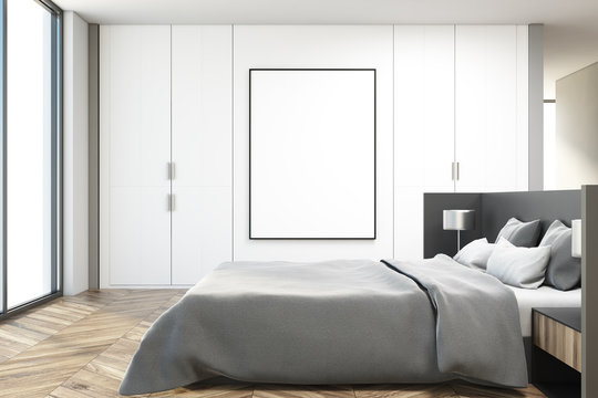White bedroom interior, side view poster
