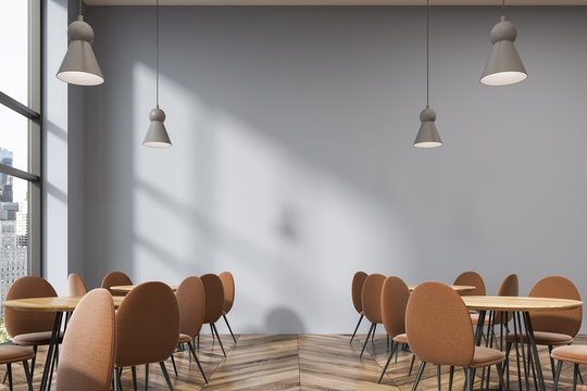 Modern loft cafe interior, beige chairs
