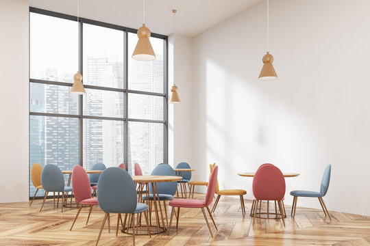 Modern loft cafe corner, pastel colores chairs