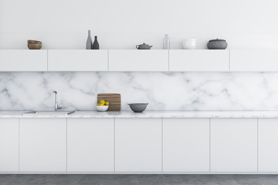 Marble kitchen, white counters